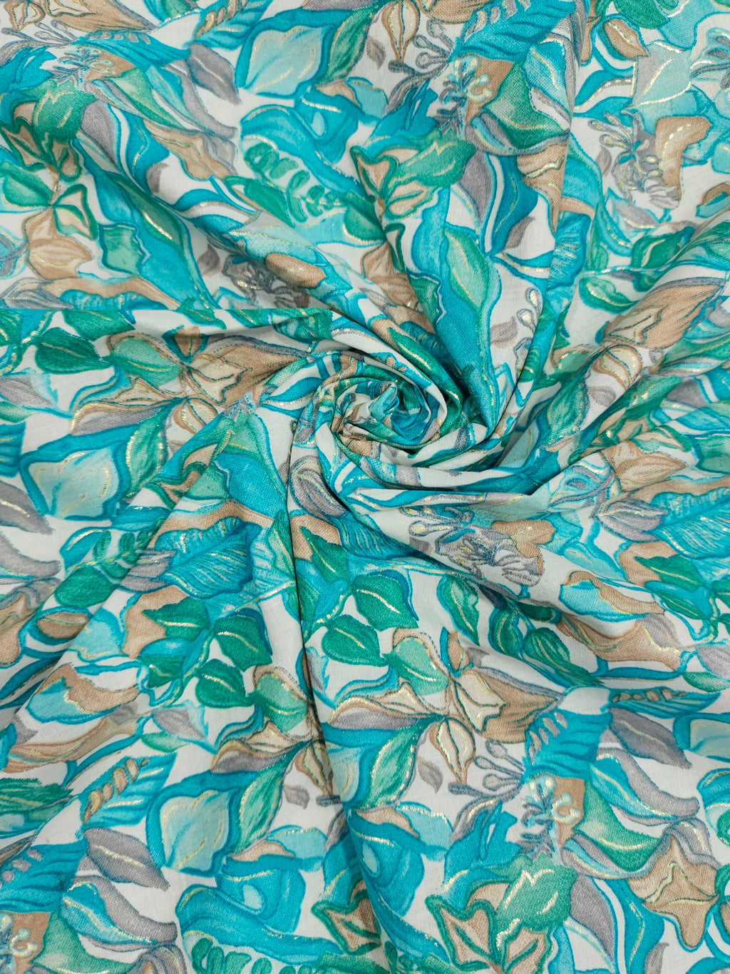 Cotton blue green mill print with gold foile.