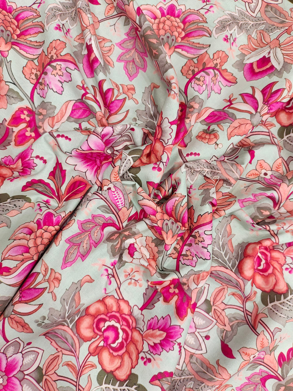 Light grey base with dark pink and peach floral print.