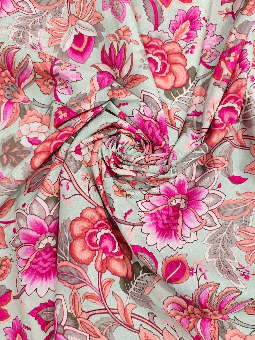 Light grey base with dark pink and peach floral print.