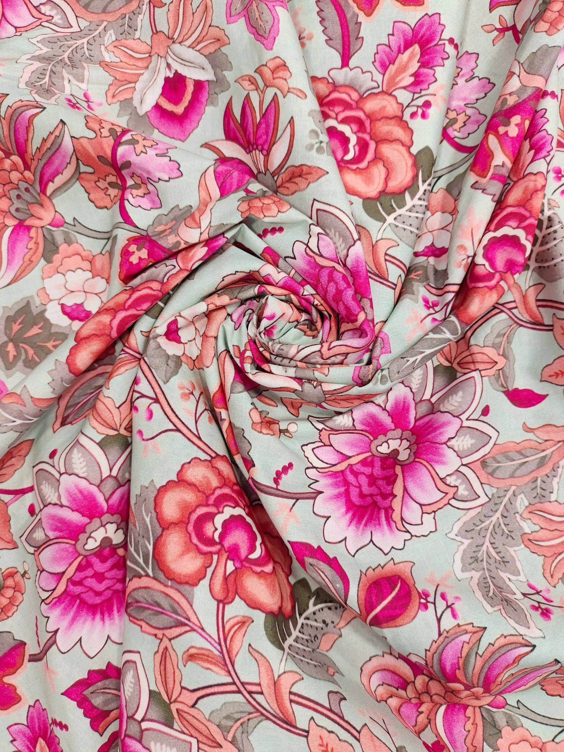 Light grey base with dark pink and peach floral print.