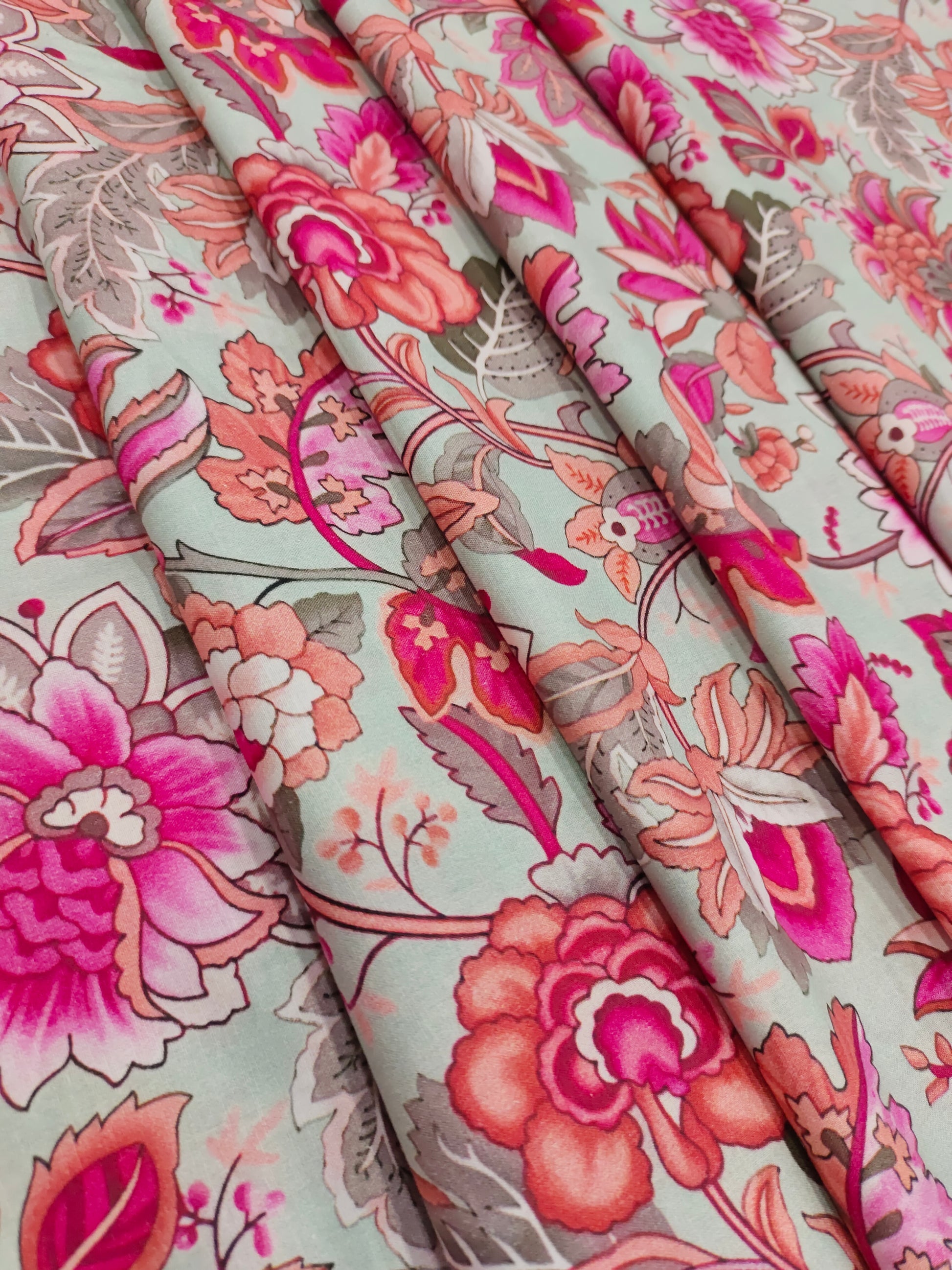 Light grey base with dark pink and peach floral print.