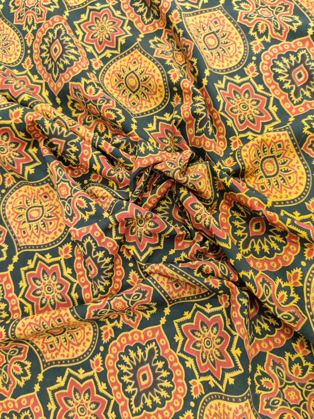 Green and yellow pure cotton ajrak print.