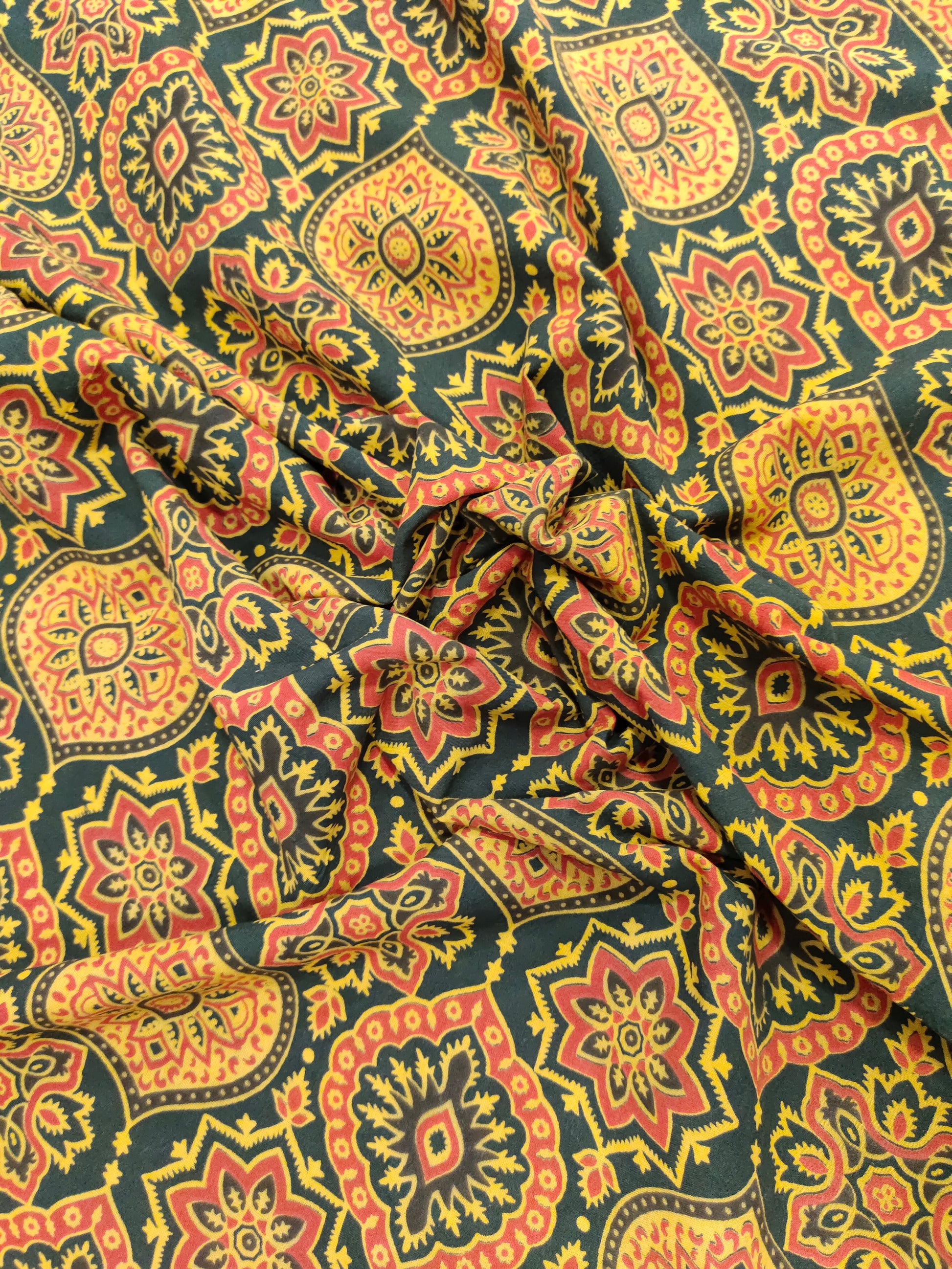 Green and yellow pure cotton ajrak print.