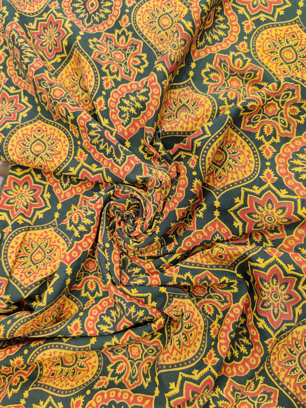 Green and yellow pure cotton ajrak print.