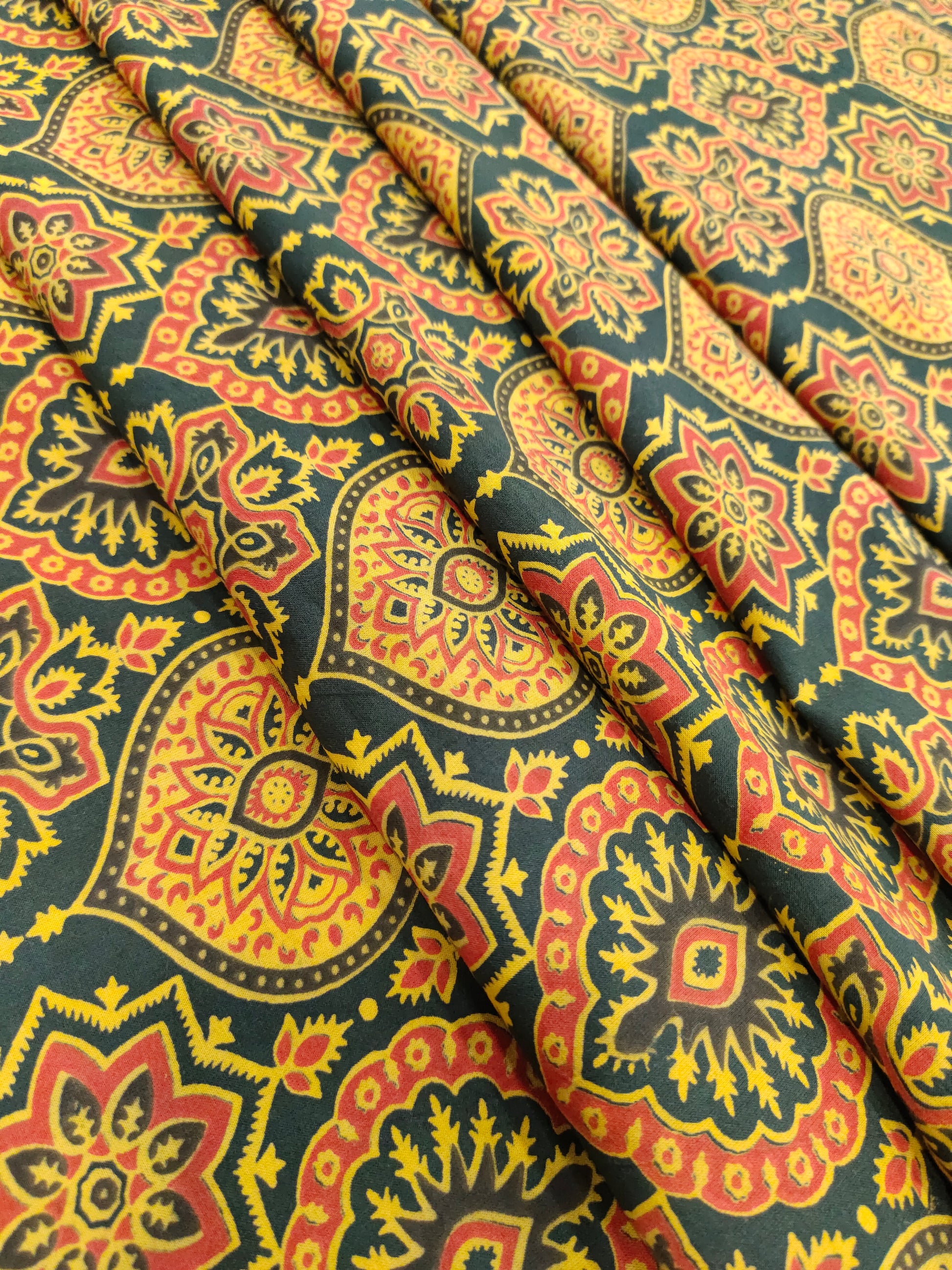 Green and yellow pure cotton ajrak print.