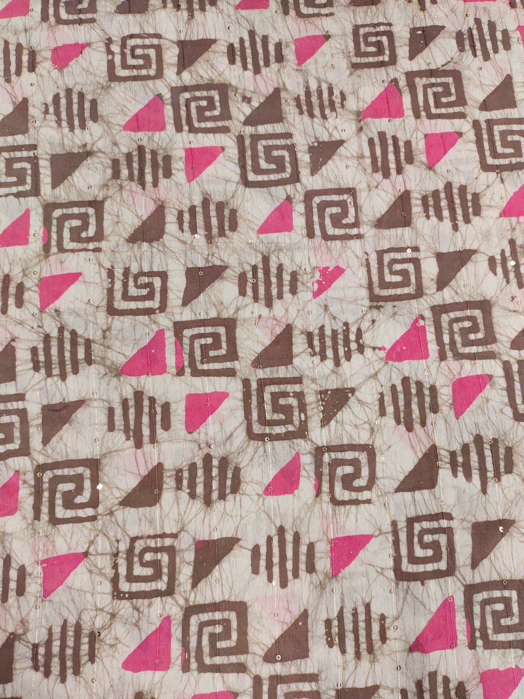 Chanderi silk batiq print with chocolate color and pink with little sequins.