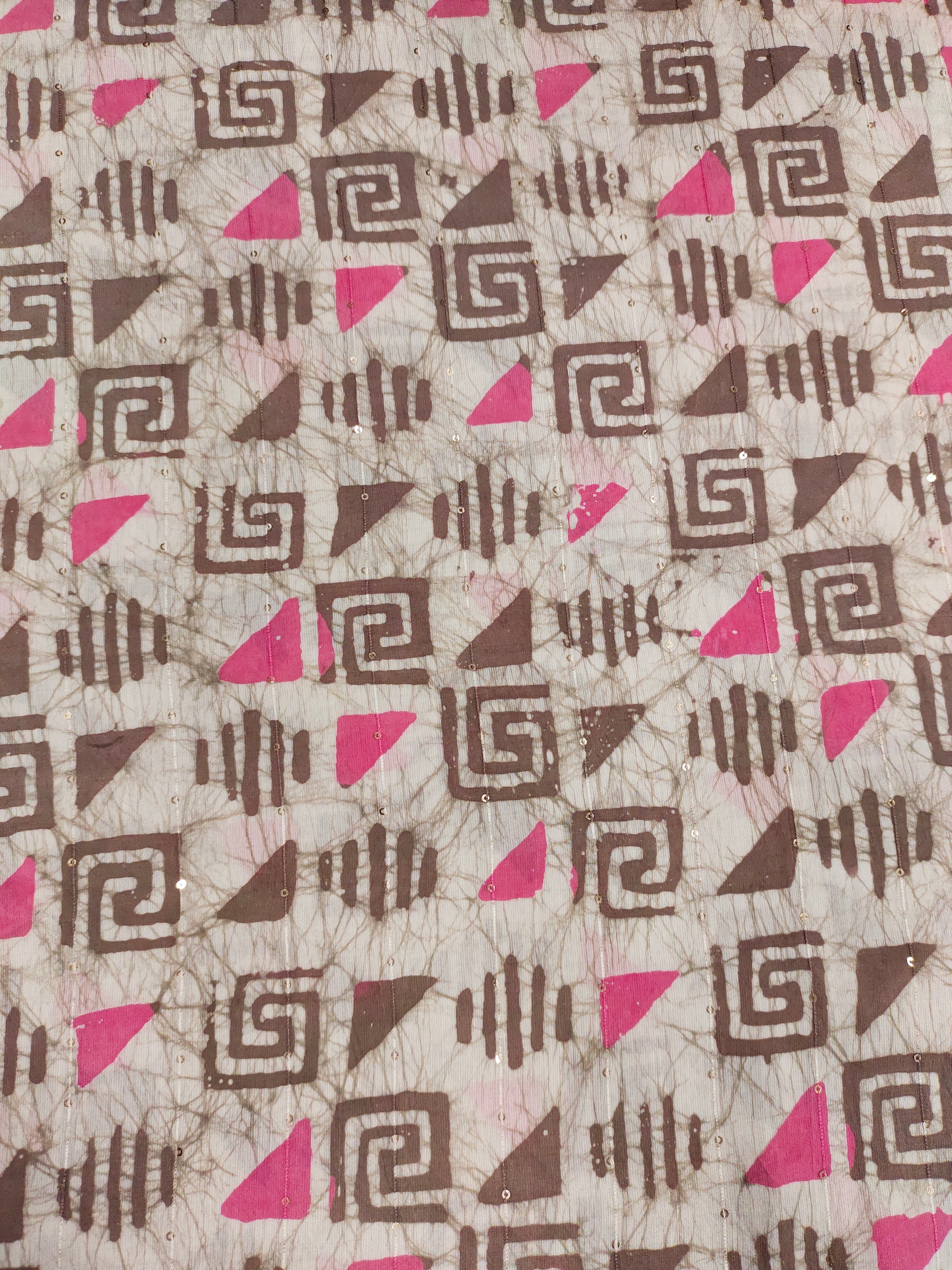 Chanderi silk batiq print with chocolate color and pink with little sequins.