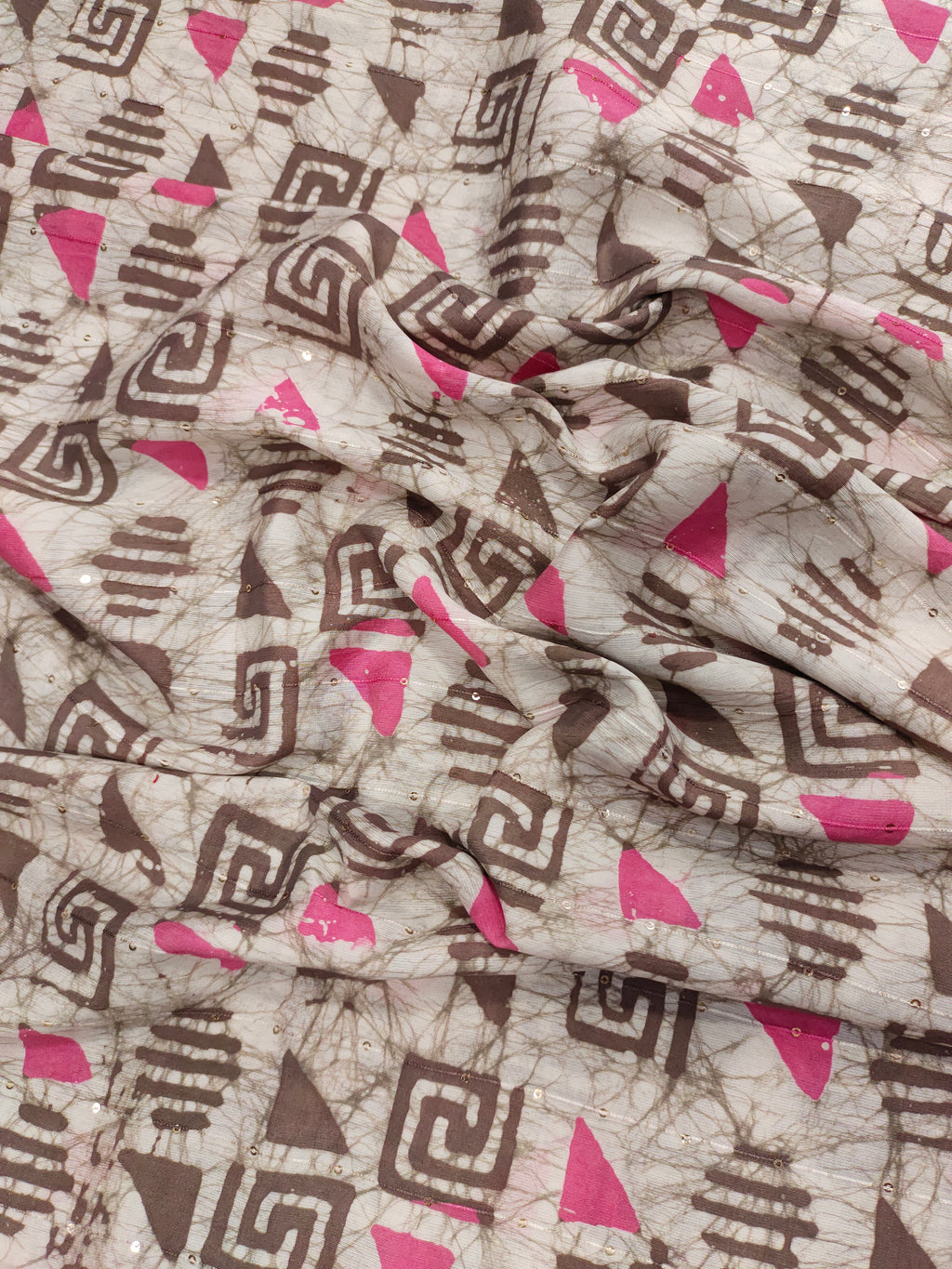 Chanderi silk batiq print with chocolate color and pink with little sequins.