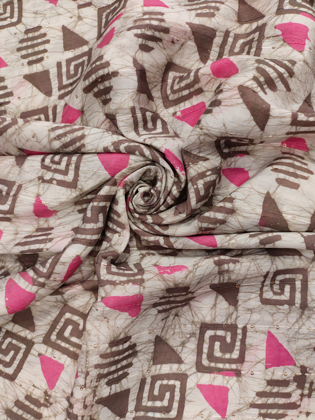 Chanderi silk batiq print with chocolate color and pink with little sequins.