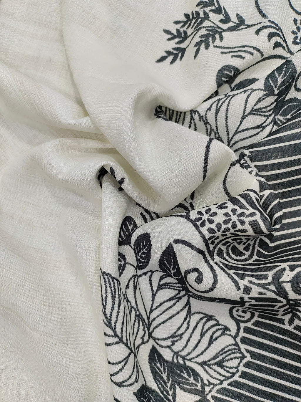 Offwhite base cotton linen fabric with black daman print.