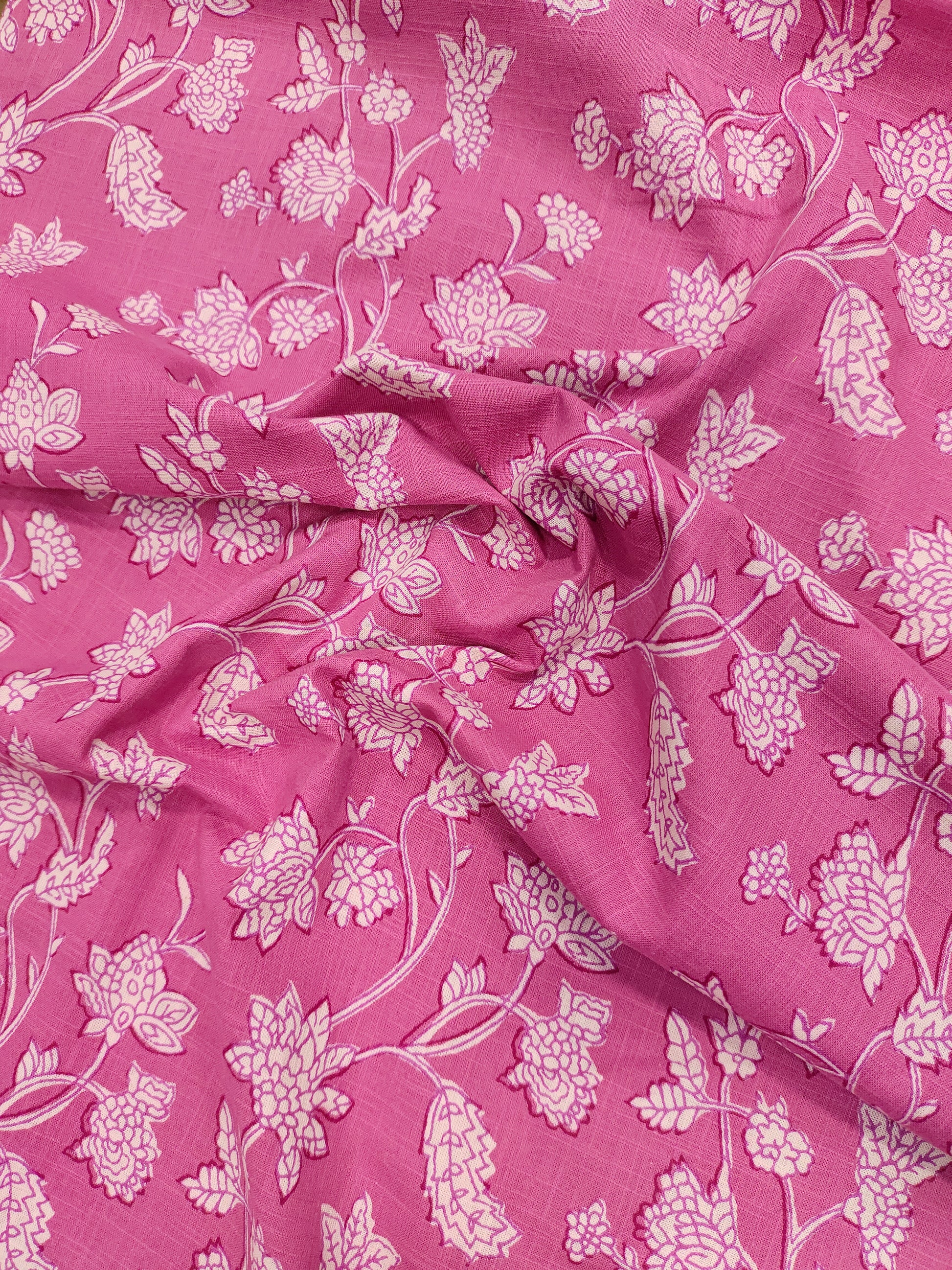 Pink cotton slub printed fabric all over jaal.