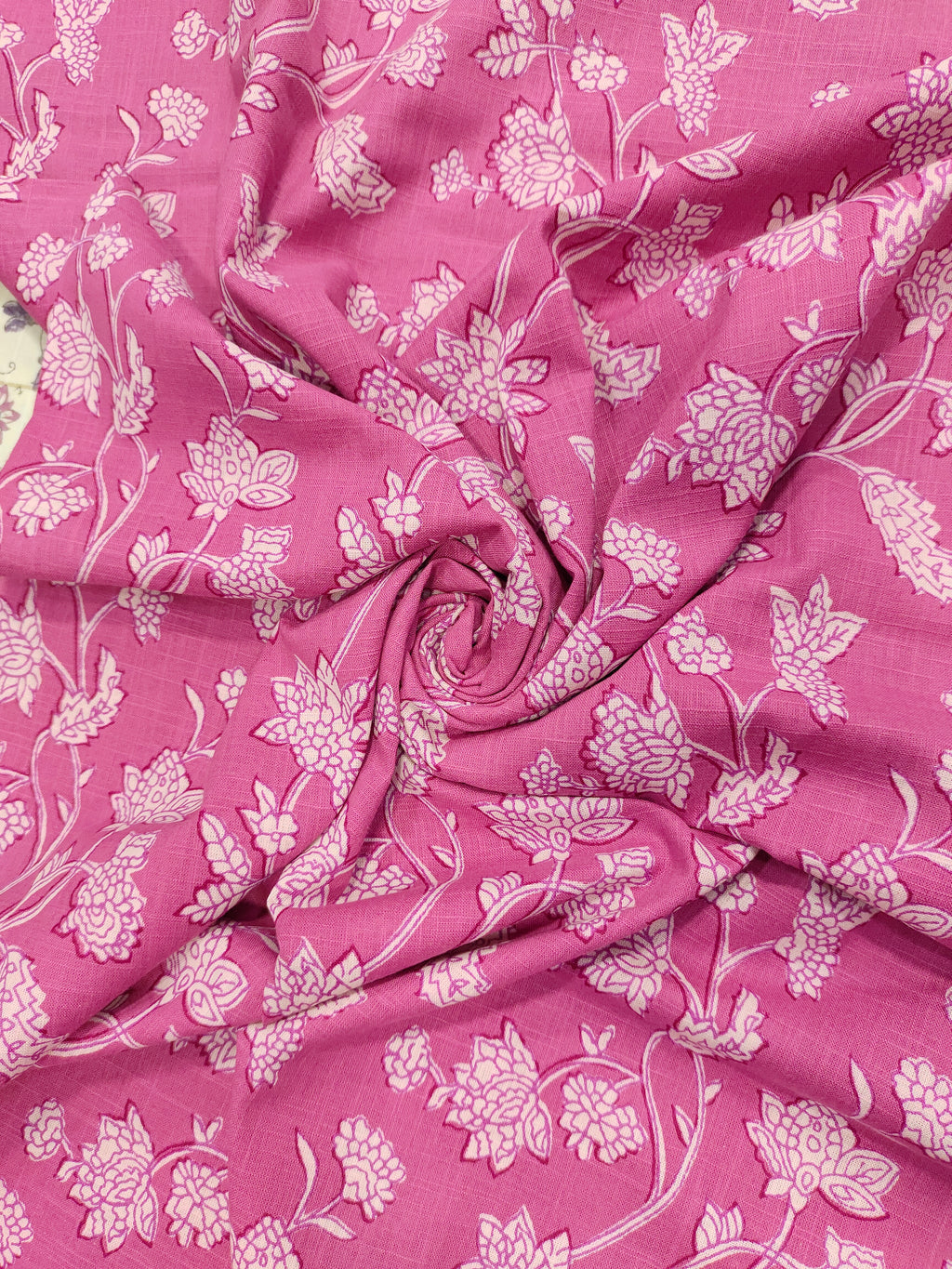 Pink cotton slub printed fabric all over jaal.