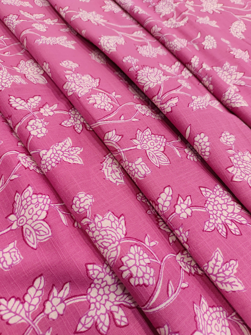 Pink cotton slub printed fabric all over jaal.