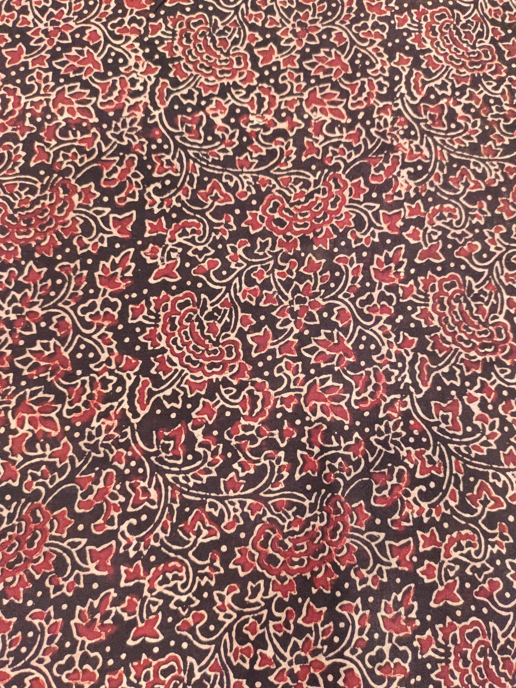 Black base cotton ajrak print with maroon and beige.