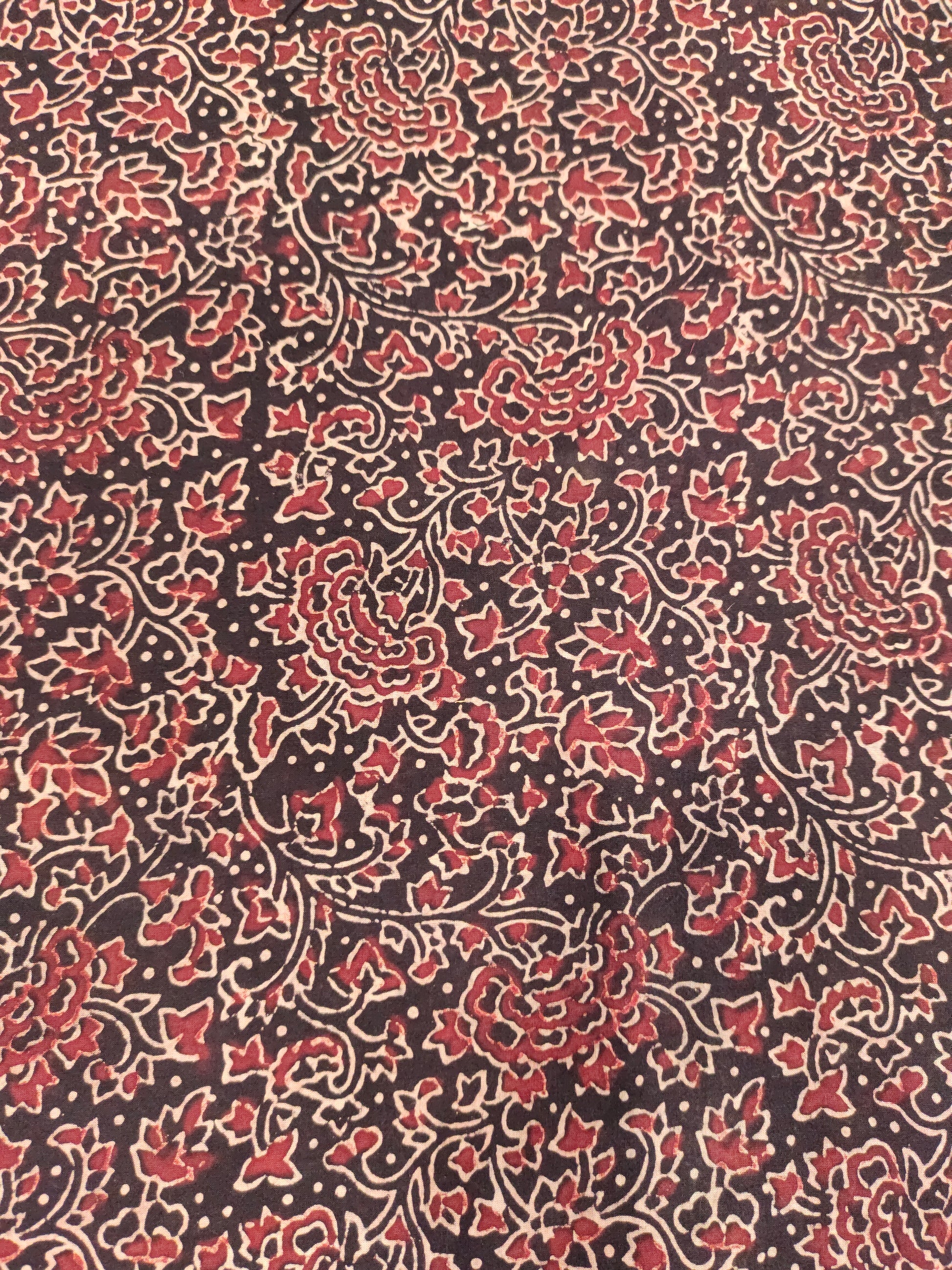 Black base cotton ajrak print with maroon and beige.