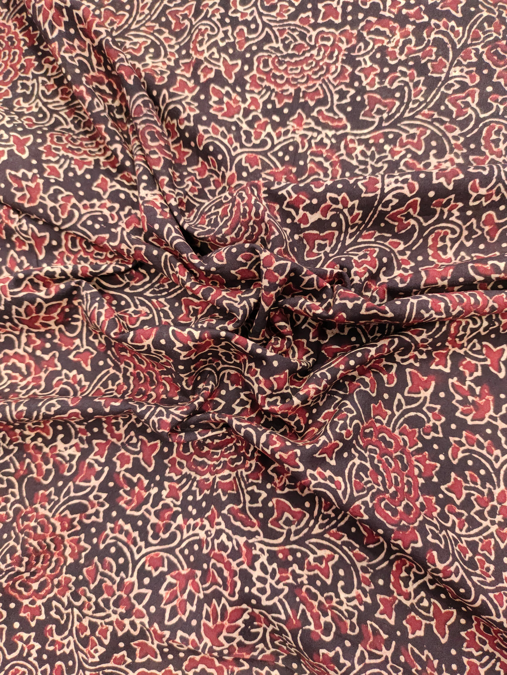 Black base cotton ajrak print with maroon and beige.