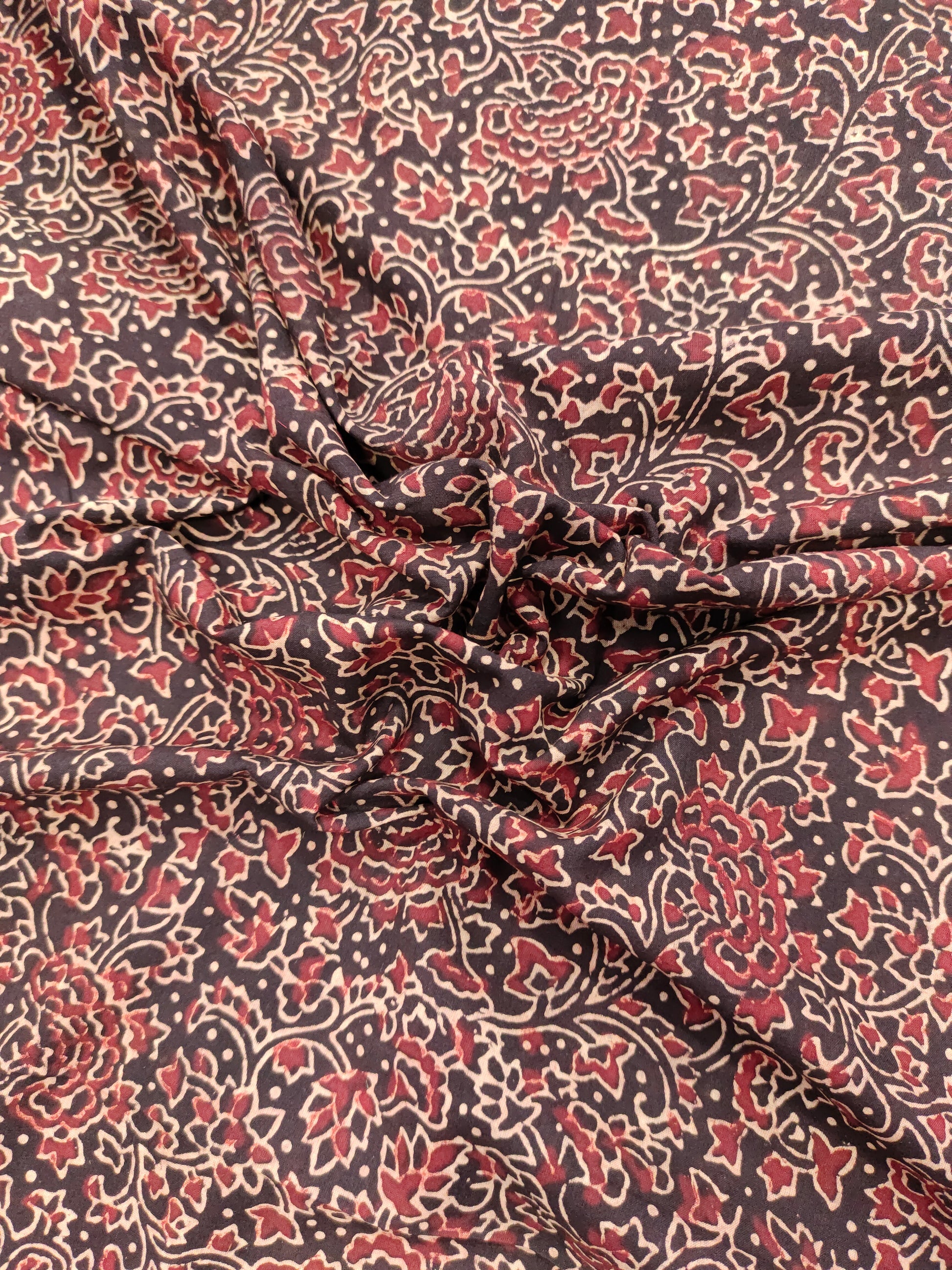 Black base cotton ajrak print with maroon and beige.