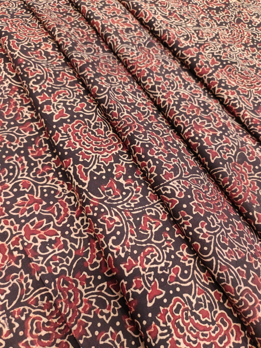 Black base cotton ajrak print with maroon and beige.