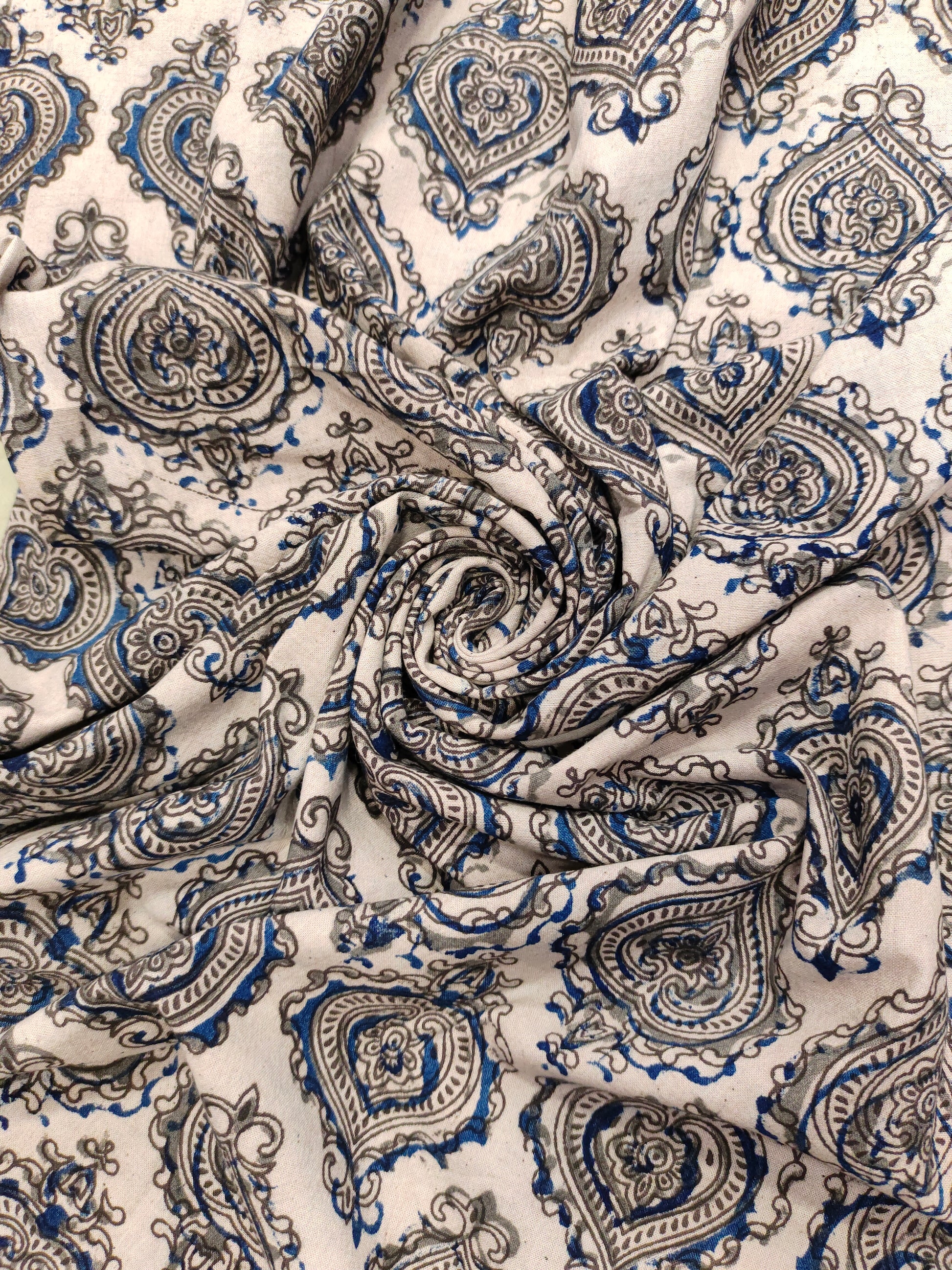 Cotton ajrak print with grey and blue.