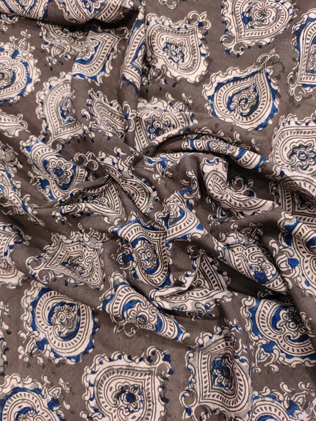Greyish brown kalamkari with beige and blue