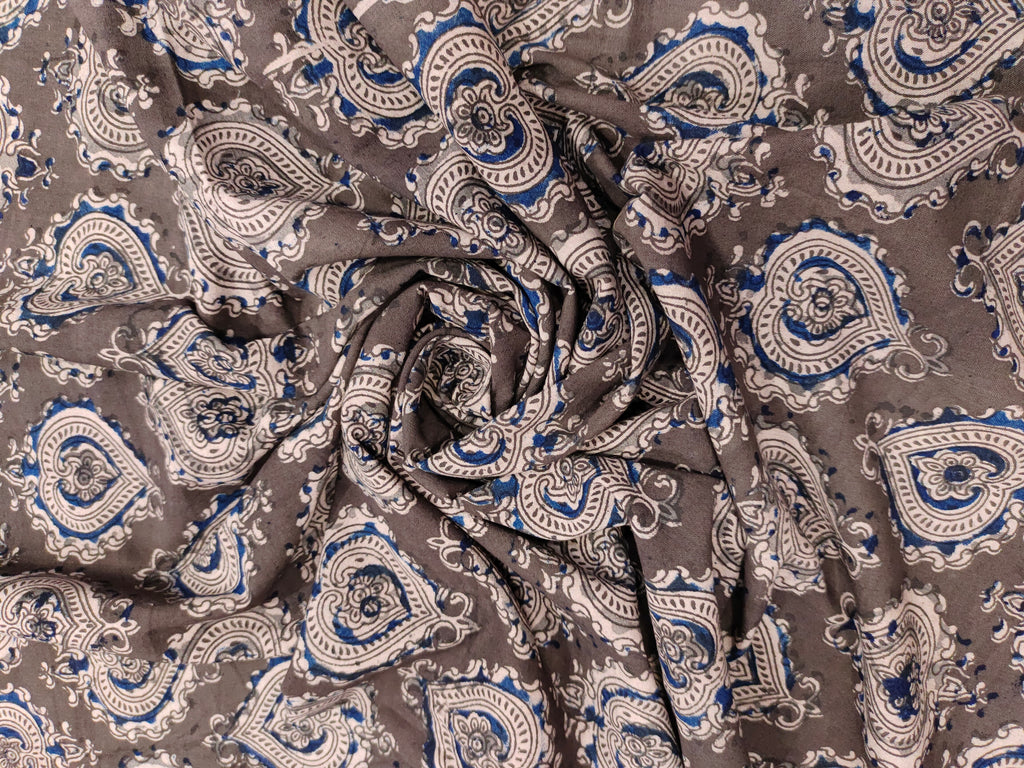 Greyish brown kalamkari with beige and blue