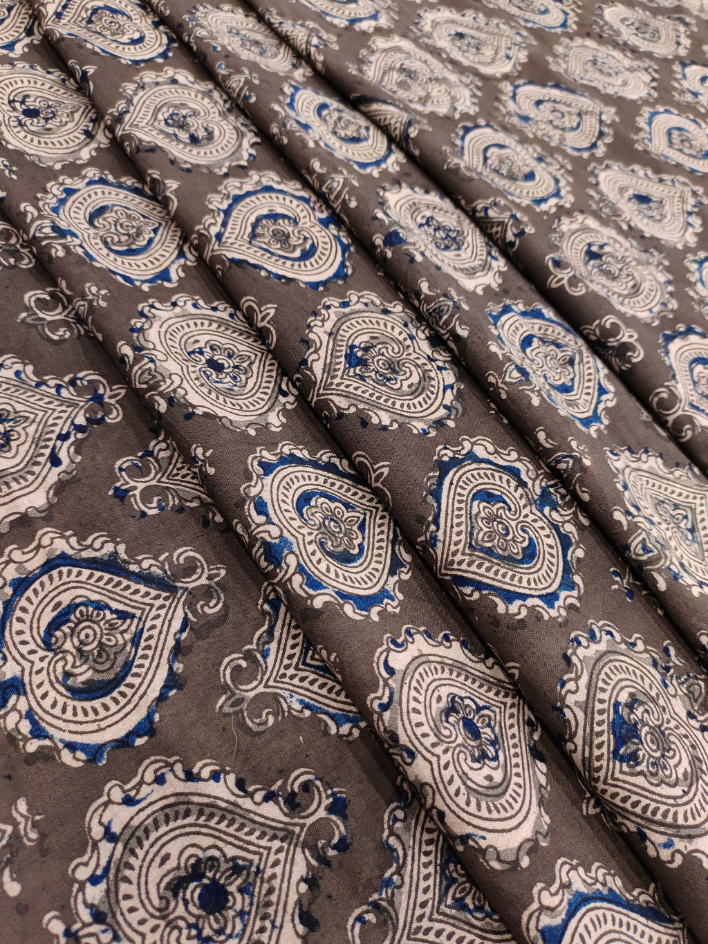 Greyish brown kalamkari with beige and blue