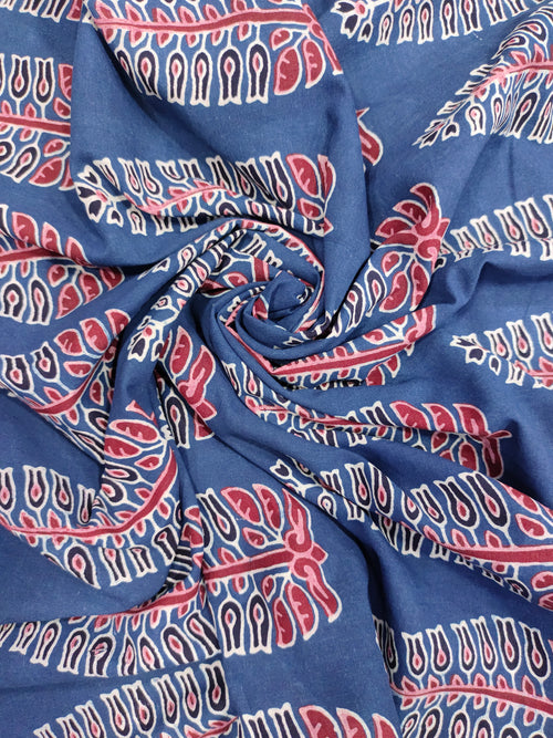 Ajrak print blue fabric with maroon traditional motif print.