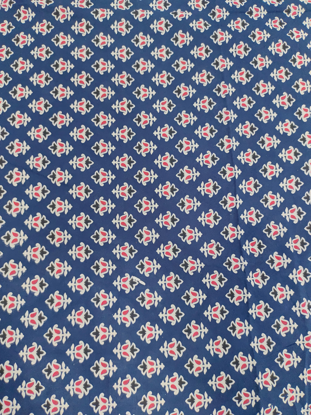 Blue cotton ajrak small butti with red and white.