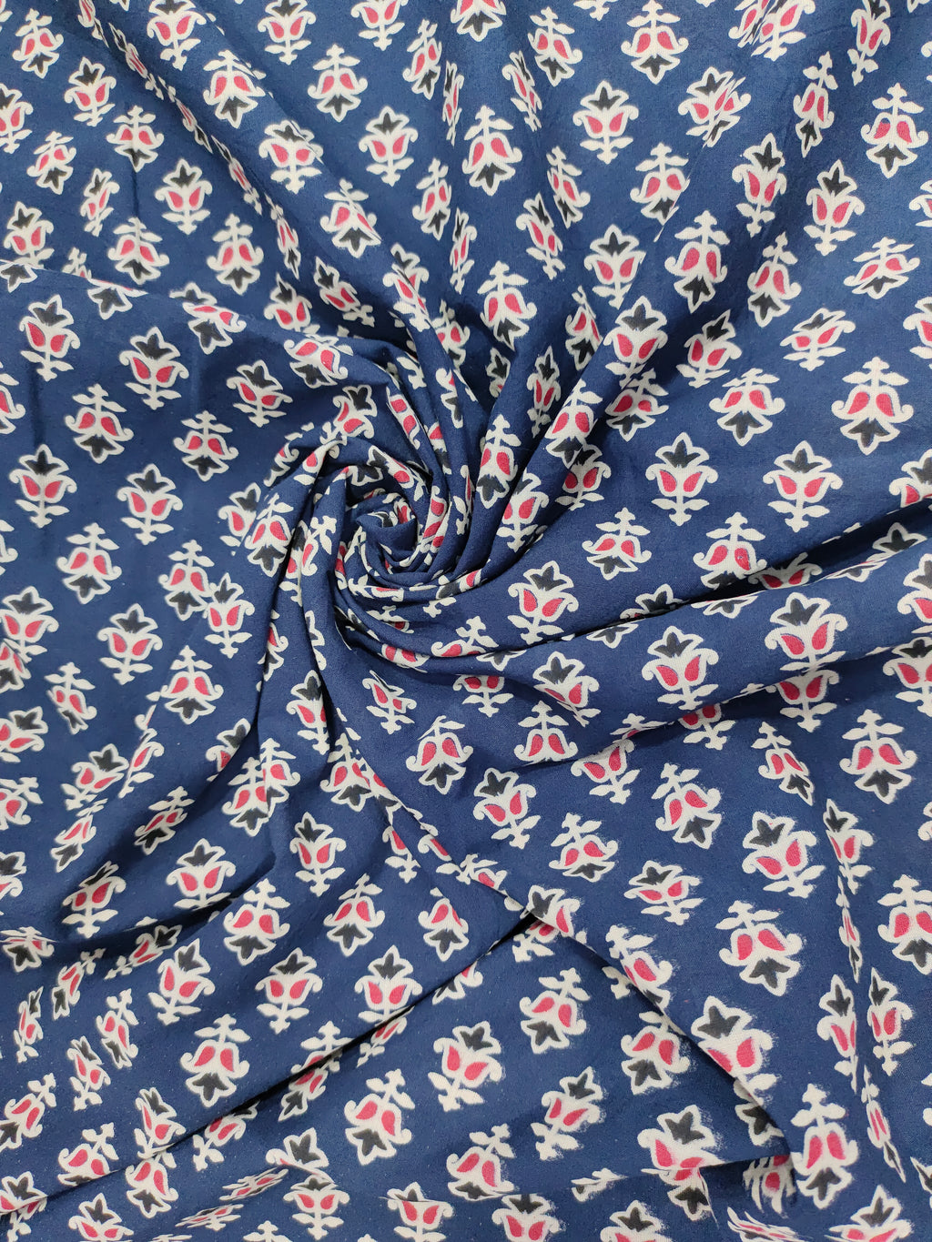 Blue cotton ajrak small butti with red and white.