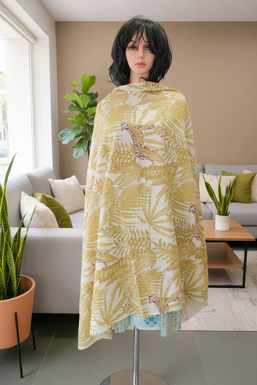 Flex cotton jungle print in mustard color.