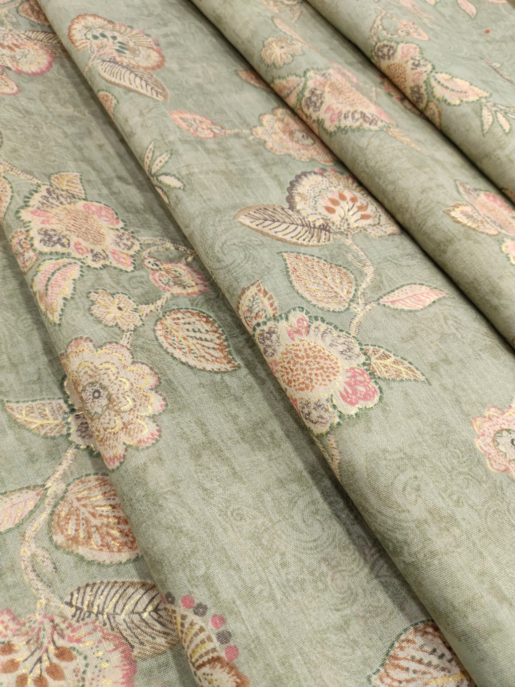 Light green linen aisha print with pink and gold foile.