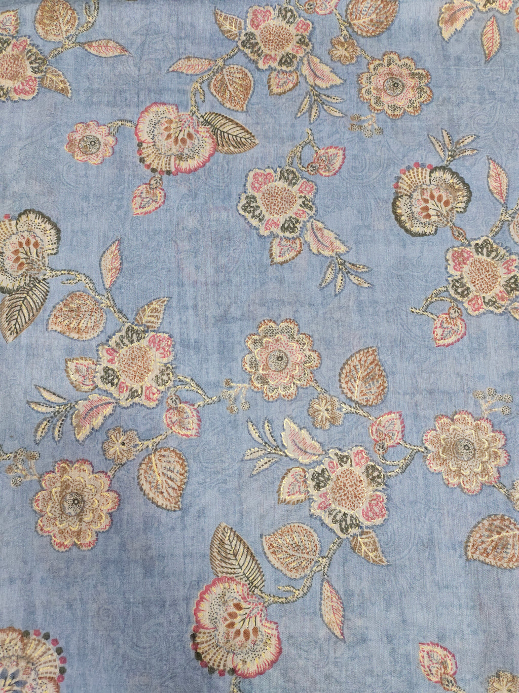 Excel Linen  digital print on grey fabric with pink beige and gold foile.