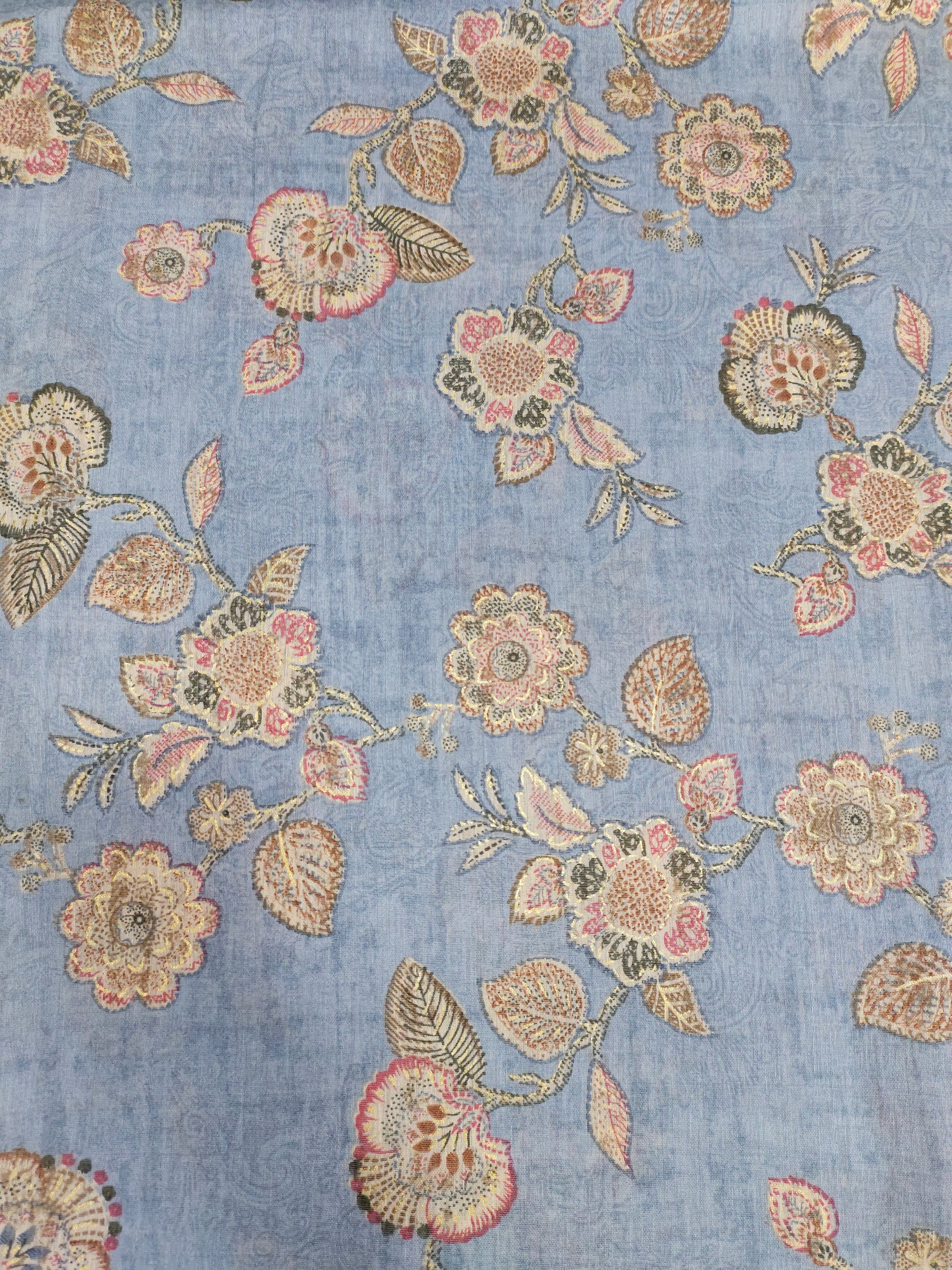 Excel Linen  digital print on grey fabric with pink beige and gold foile.