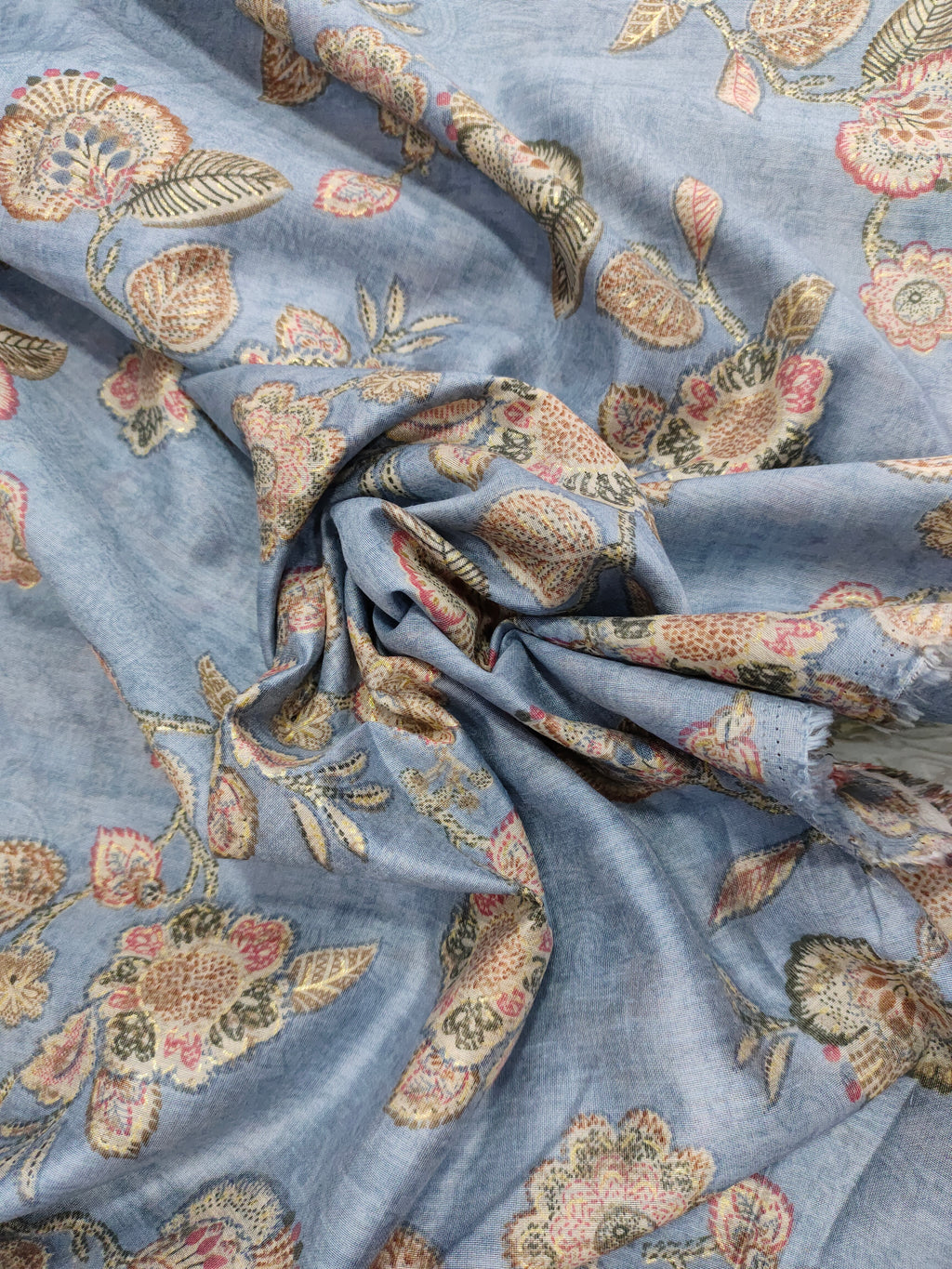 Excel Linen  digital print on grey fabric with pink beige and gold foile.