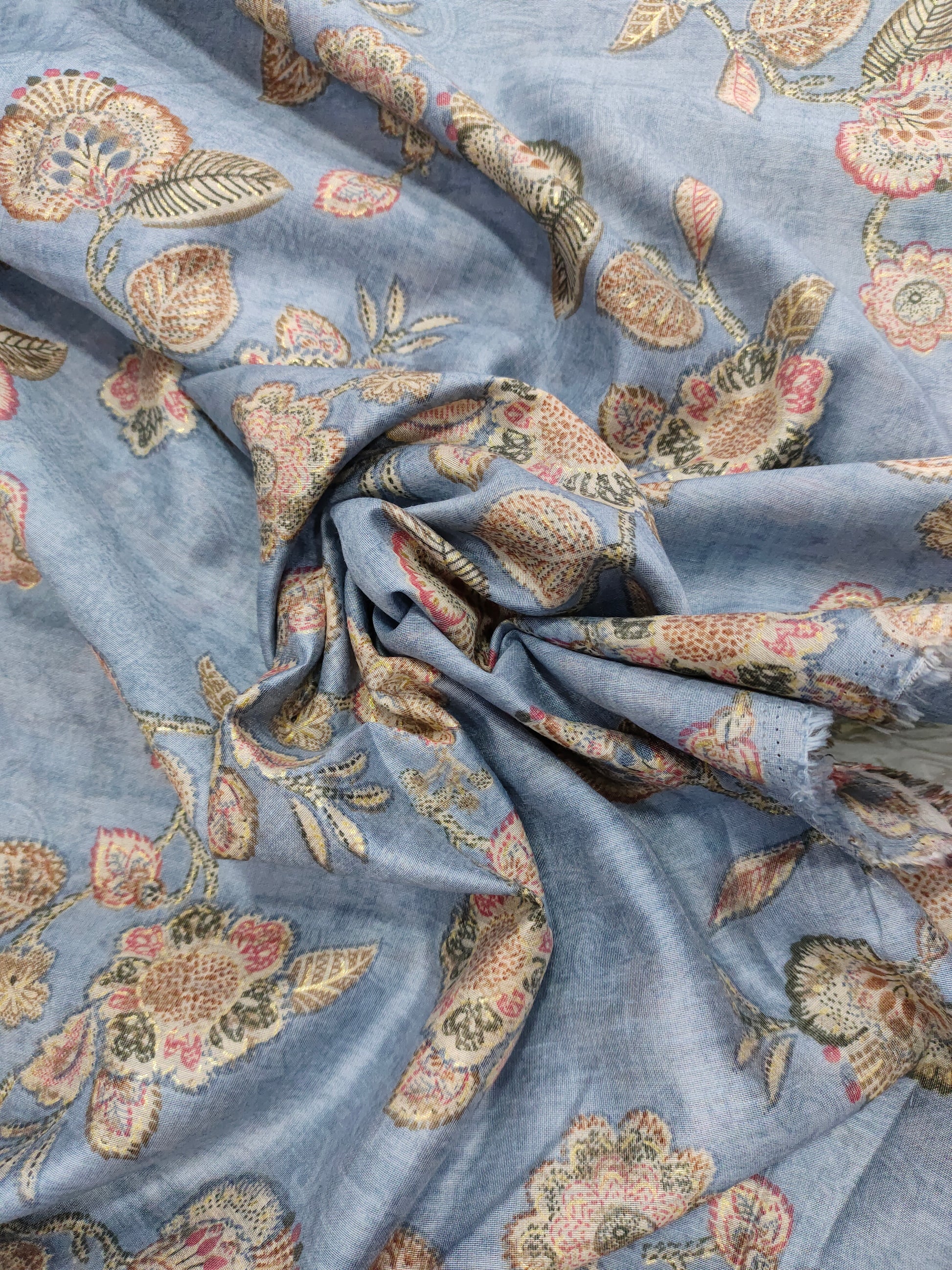 Excel Linen  digital print on grey fabric with pink beige and gold foile.