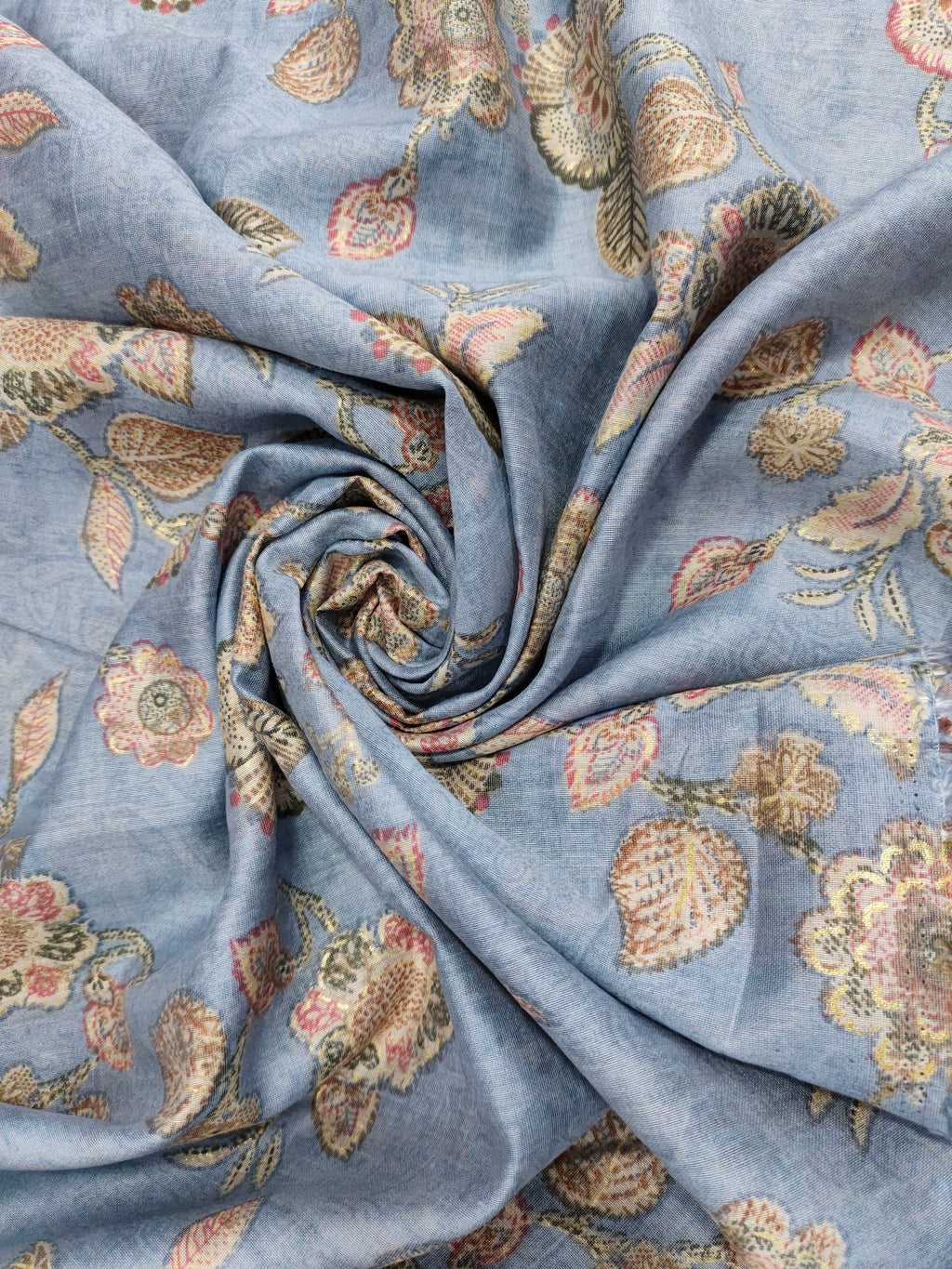 Excel Linen  digital print on grey fabric with pink beige and gold foile.