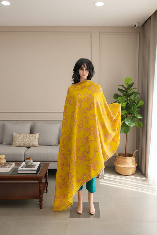 Avani silk discharge print with gold foile in mustard color.