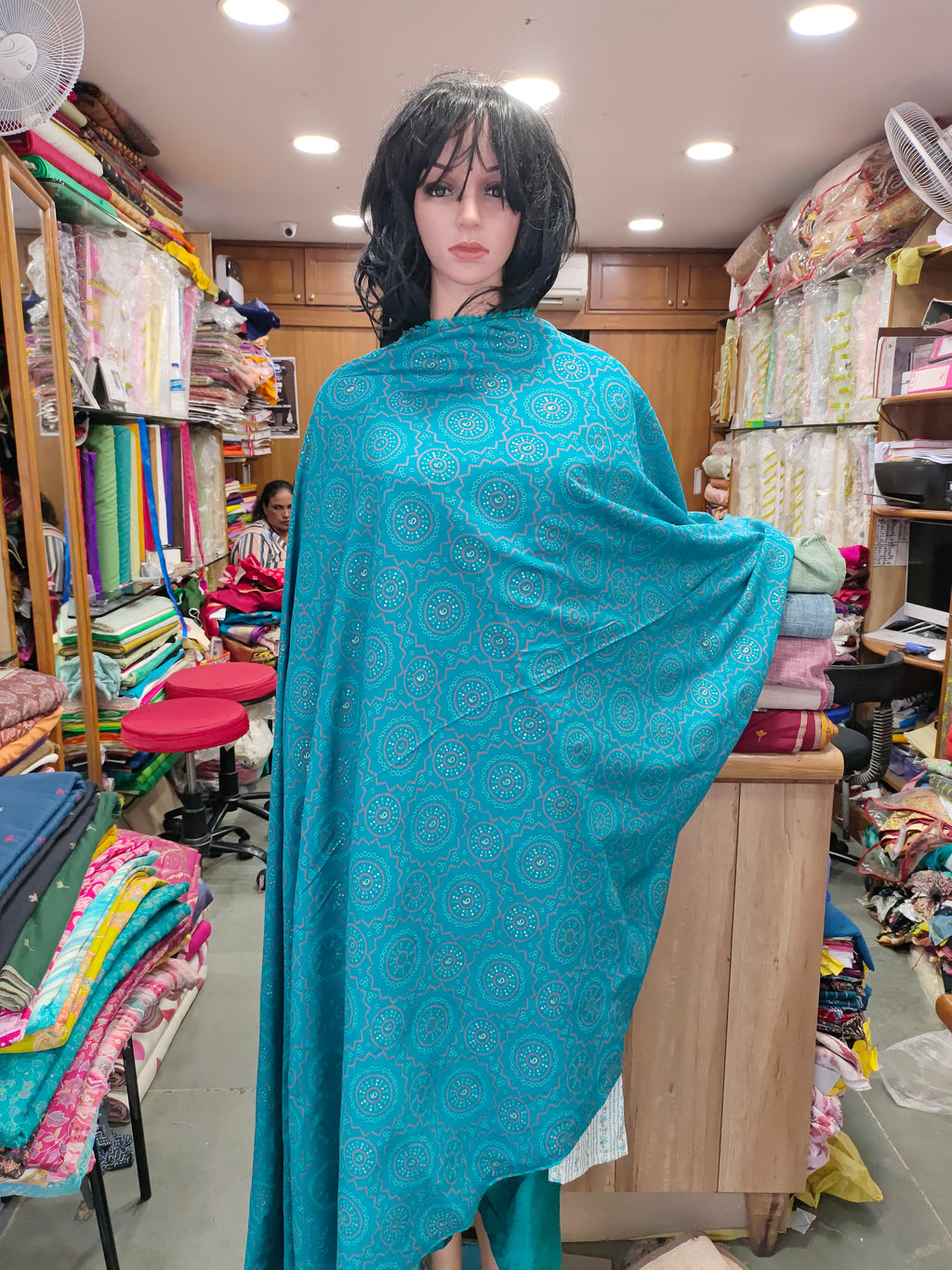 Blue chanderi fabric digital print ad gold foile.