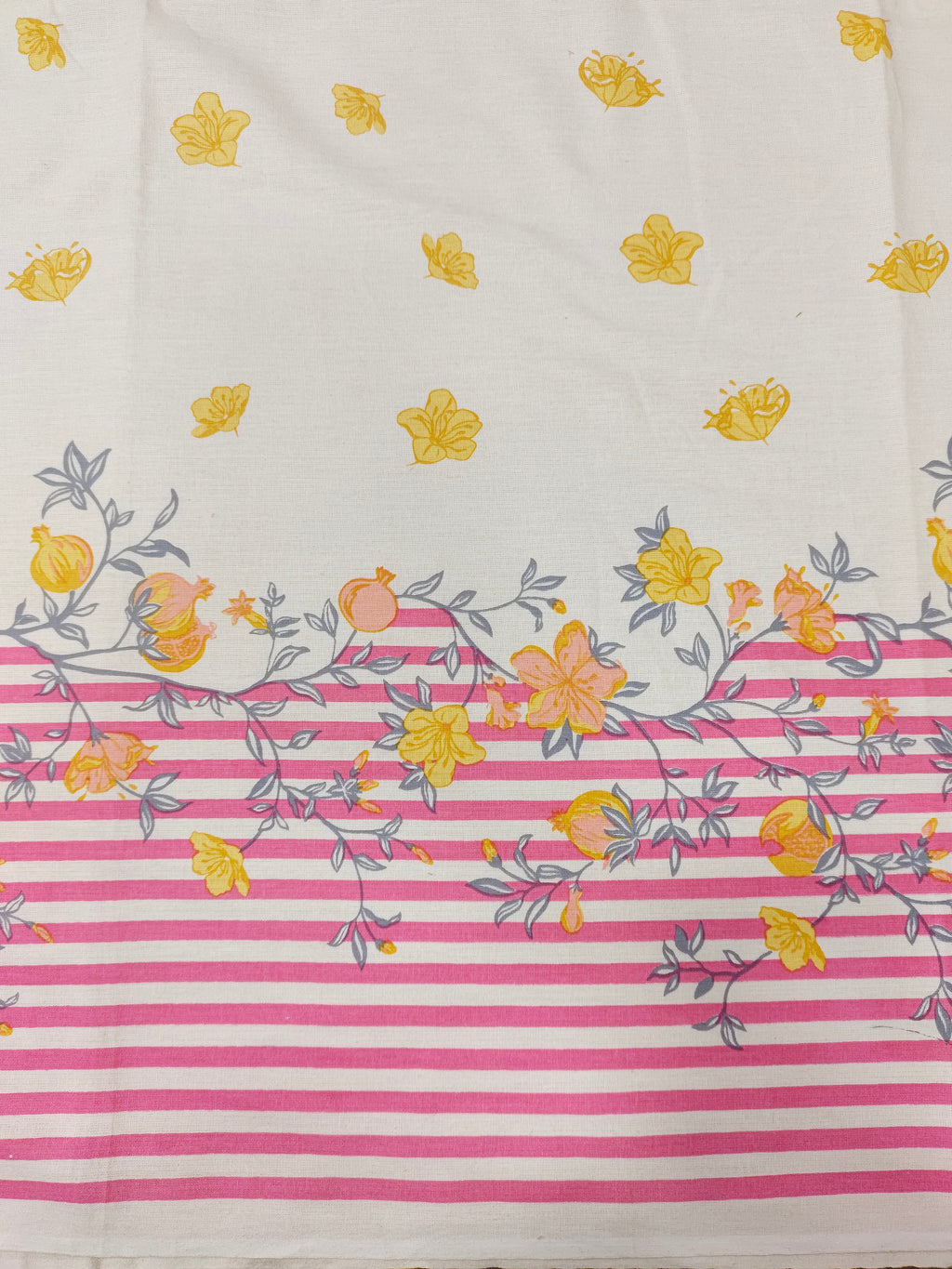 Cotton flex daman print with pink and yellow.
