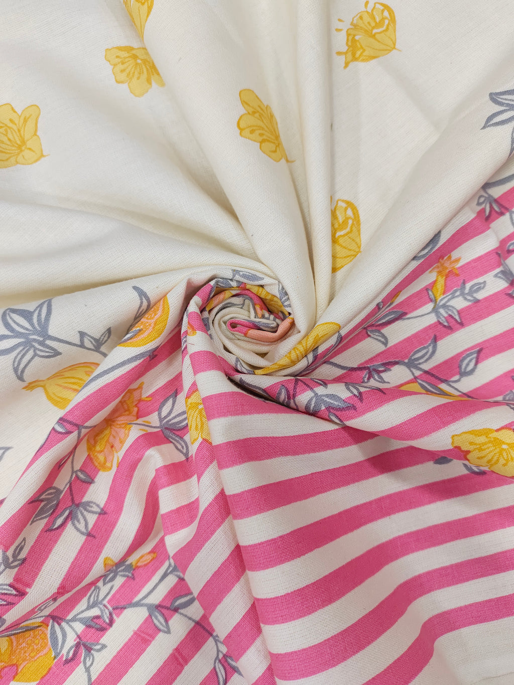 Cotton flex daman print with pink and yellow.