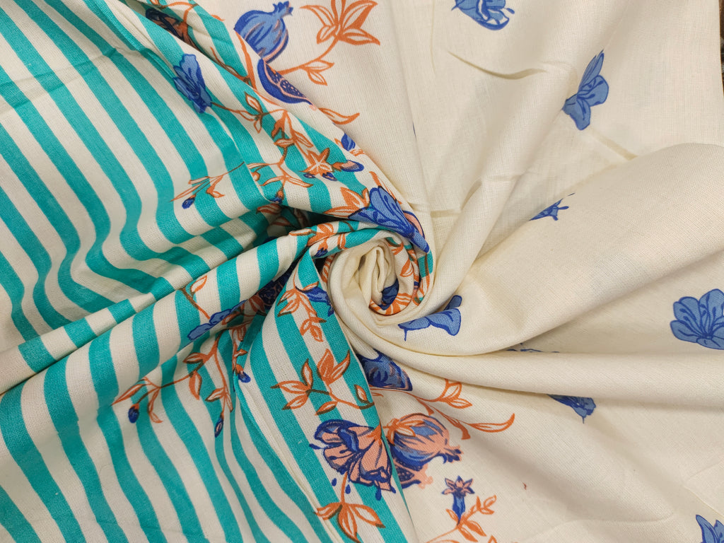 Cream flex cotton daman print green blue and orange.