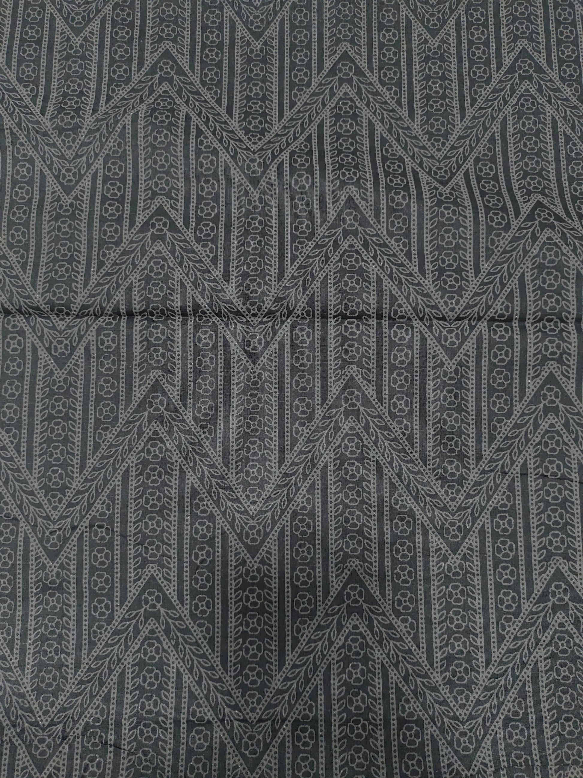 Black cotton fabric with grey stripes print.