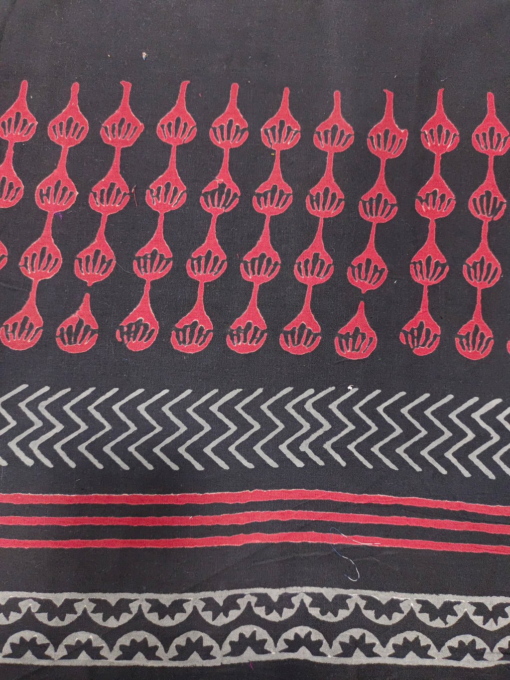 Black cotton linen fabric abstract design handblock print with maroon and grey.