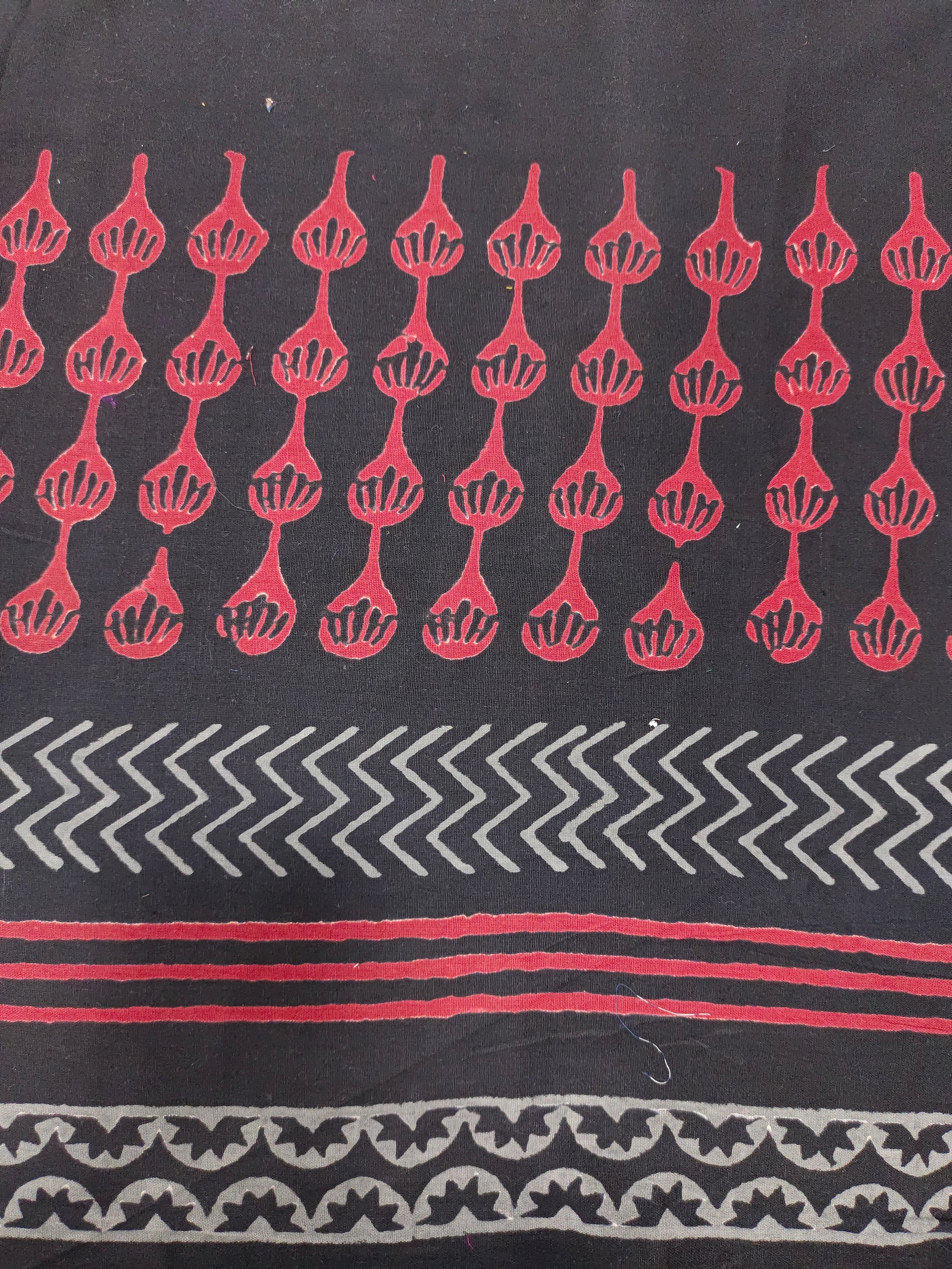 Black cotton linen fabric abstract design handblock print with maroon and grey.