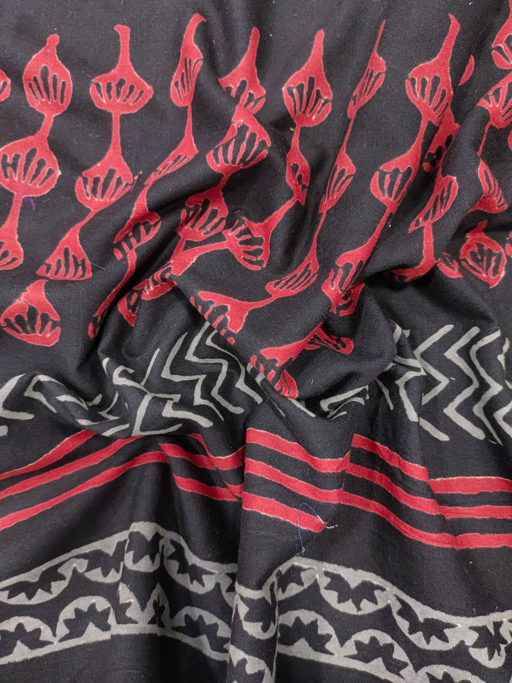 Black cotton linen fabric abstract design handblock print with maroon and grey.