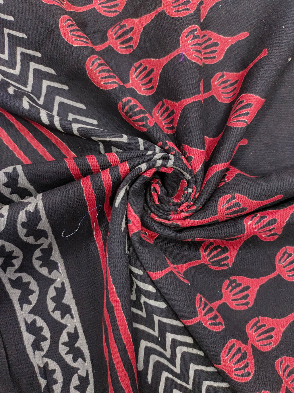Black cotton linen fabric abstract design handblock print with maroon and grey.