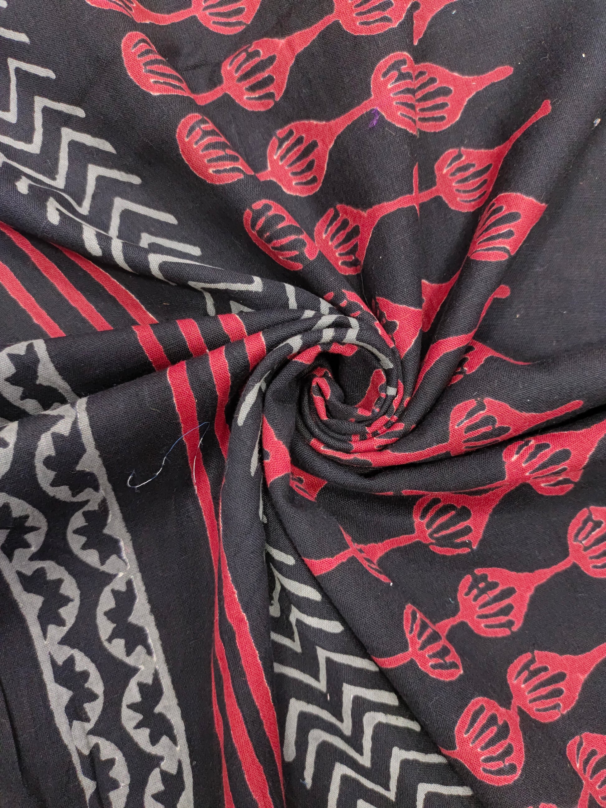 Black cotton linen fabric abstract design handblock print with maroon and grey.