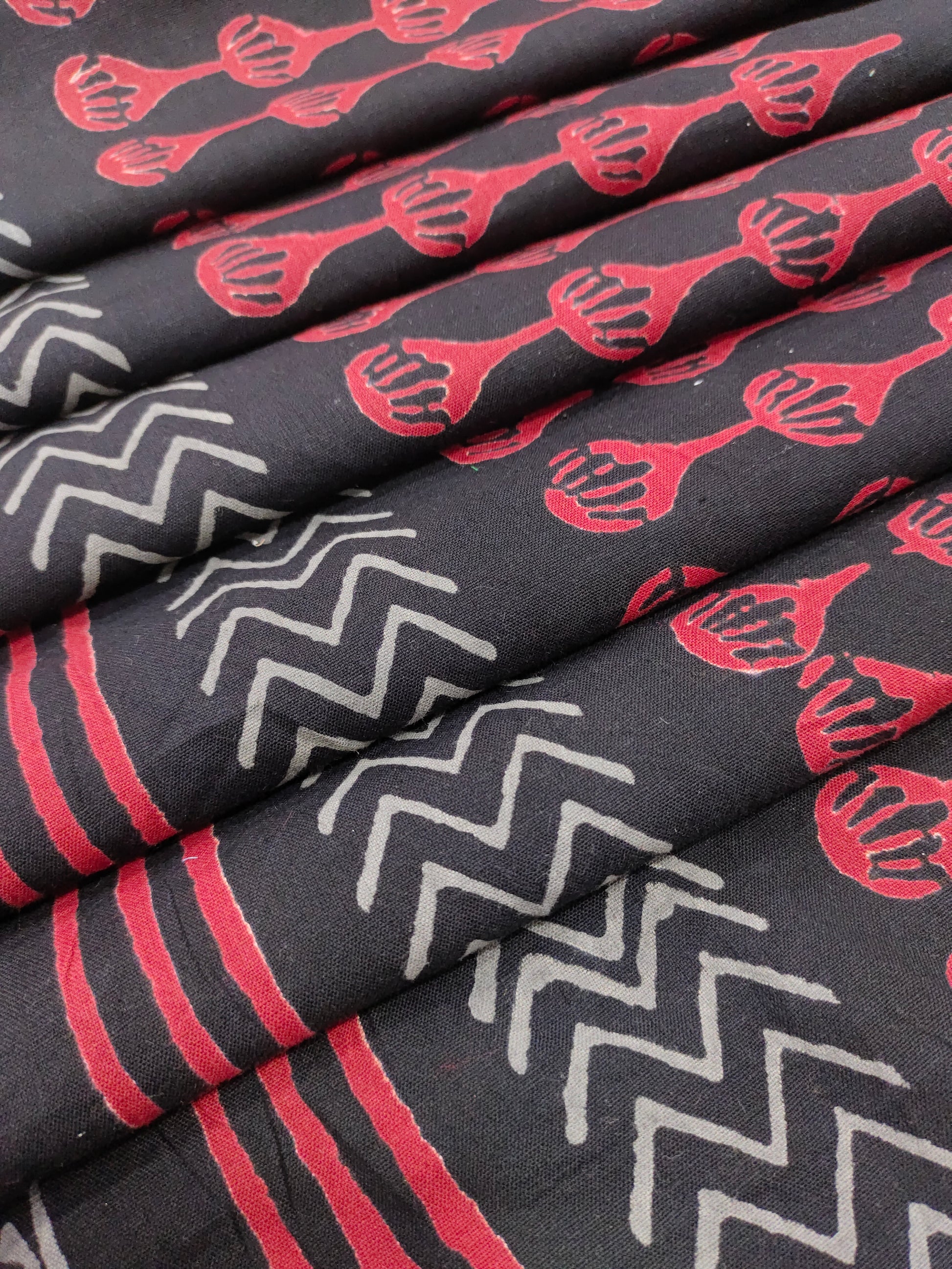 Black cotton linen fabric abstract design handblock print with maroon and grey.