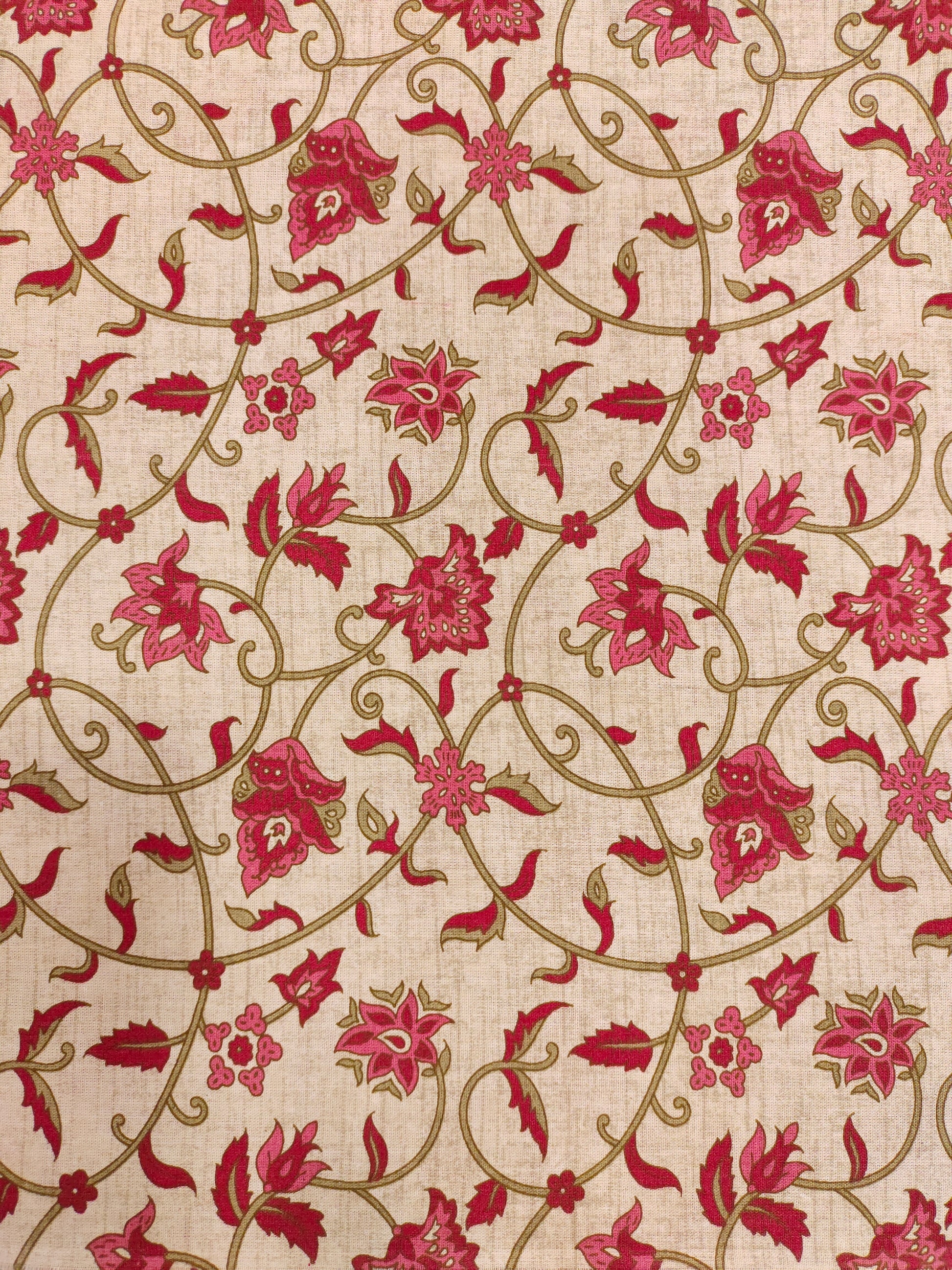 Beige flex cotton fabric jaal print with 2 shades of maroon and green.