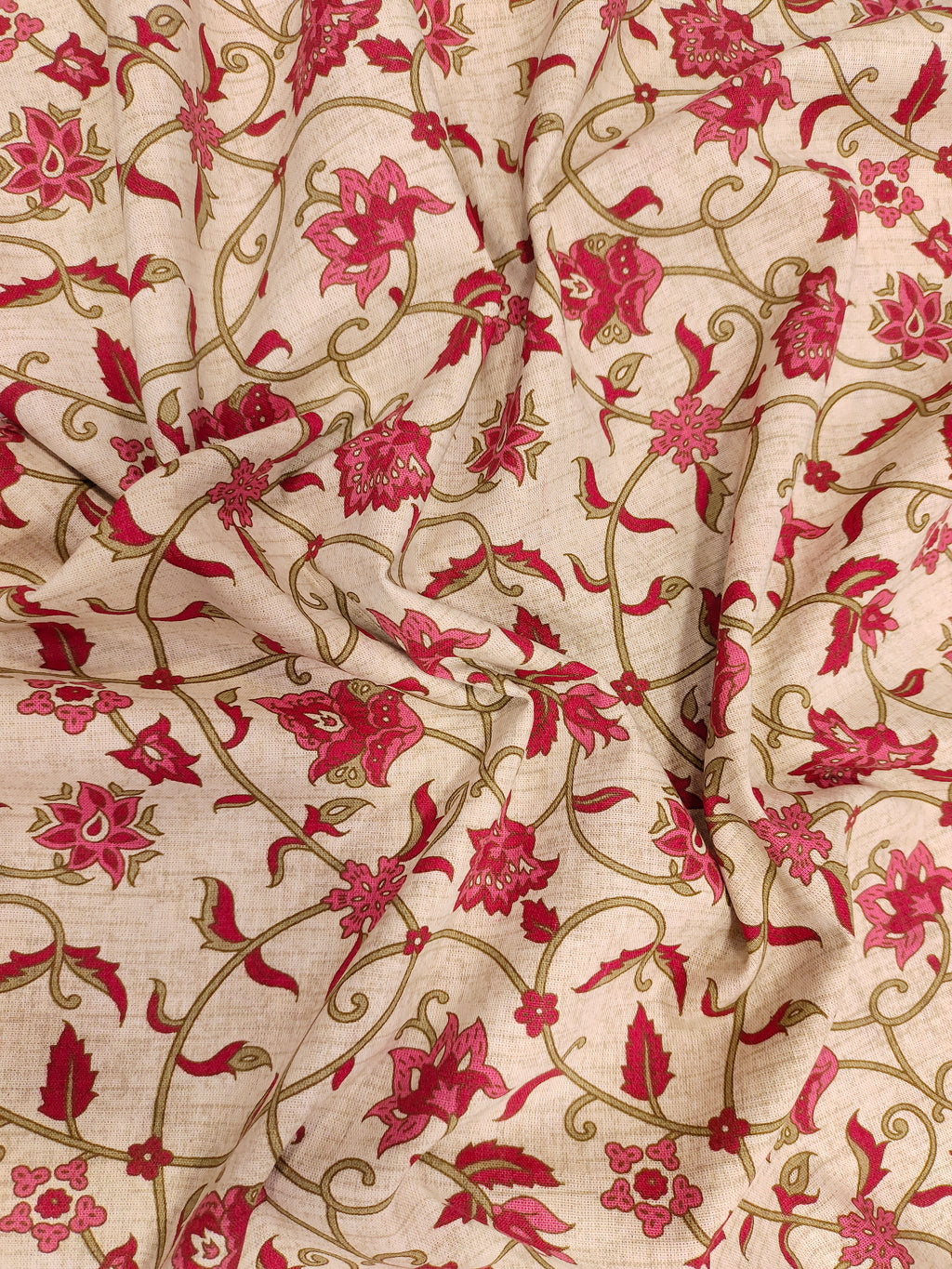Beige flex cotton fabric jaal print with 2 shades of maroon and green.